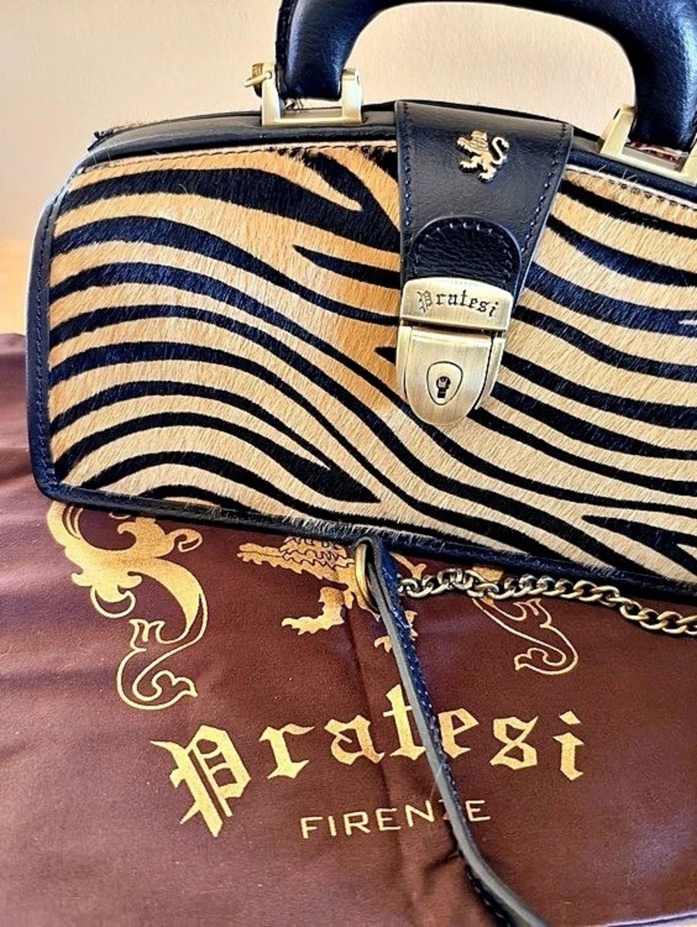 Pratesi Zebra Beige Shoulder Bag in Black & Beige